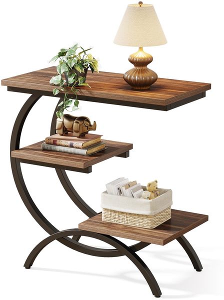 LITTLE TREE End Table, Narrow End Table with 3 Storage Shelves, Industrial C-Shaped Small Sofa Side Table for Living Room, Wood Slim Snack Table with Black Metal Frame, Rustic Brown