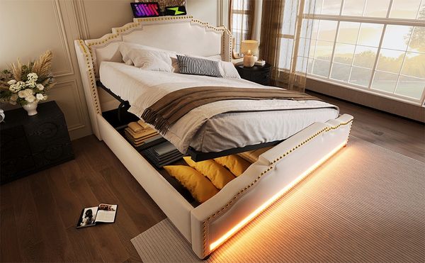 Polsterbett 140x200 cm - Samt mit Vintage-Betthaupt, hydraulischer Bettkasten, LED-Stimmungslicht und USB‑C,Beige