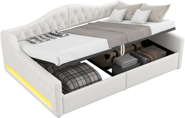 Gepolstertes 140x200 Tagesbett mit LED-Gürtel und Stauraum darunter, Beige