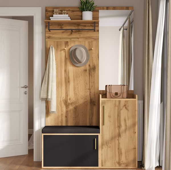 Kompaktgarderobe 100x38x185 cm mit Spiegel, Sitzbank und Schuhschrank – modernes Flurmöbel Set