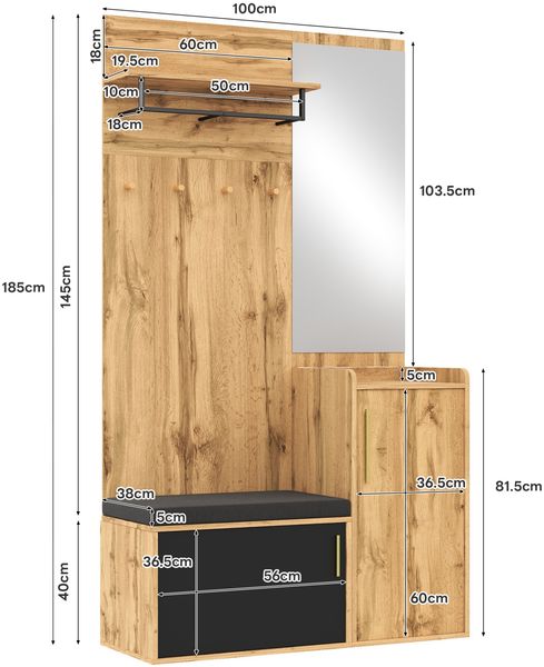 Kompaktgarderobe 100x38x185 cm mit Spiegel, Sitzbank und Schuhschrank – modernes Flurmöbel Set Bild 6