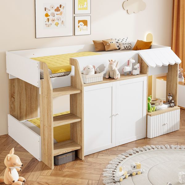 Kinderbett Hausbett, mit offenem Stauraum mit Kletterleiter Halbhohes Kinderhochbett Massivholz-Kinderetagenbett ohne Matratze, Holzfarbe+Weiß, 90x200