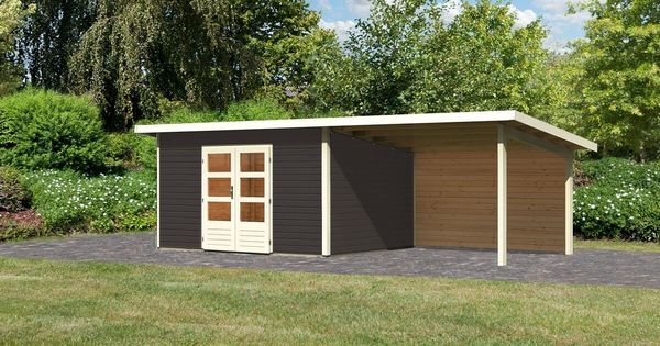 Gartenhaus Northeim 4 - 369x309 cm plus Anbaudach 3,30m mit Rückwand, 38 mm Holz terragrau, Karibu