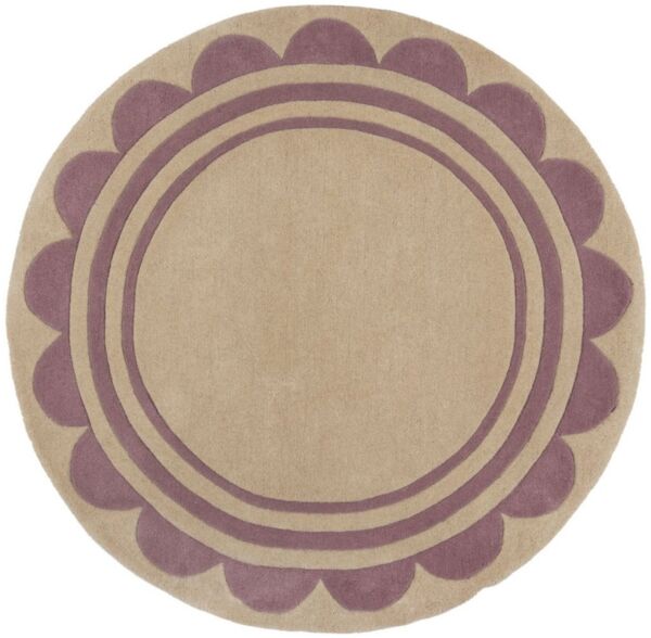 KADIMA DESIGN Wollteppich Grafisches Muster, Rahmen Wohnzimmer Wollteppich Rund 120x120, Rund, Höhe: 7 mm, Lila-Beige, 100% Wolle, Kurzflor, Handgetuftet Flordichte 3 250 g/m²