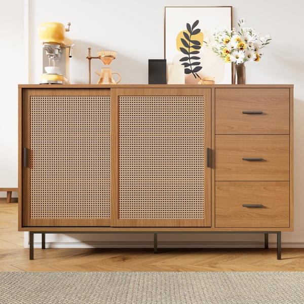 Merax Sideboard mit 2 Schiebetüren und 3 Schubladen mit verstellbaren Einlegeböden, Sideboard im Landhausstil, Natural