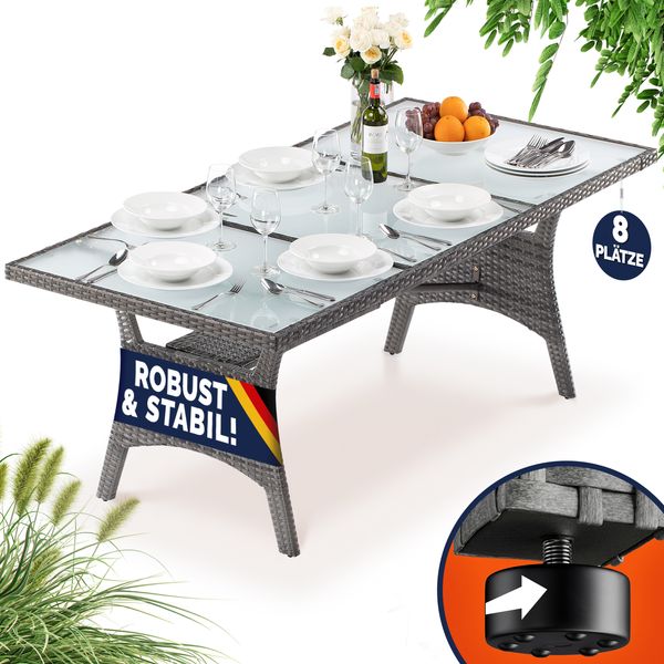 CASARIA® Polyrattan Gartentisch Glasplatte 190x90x74cm grau