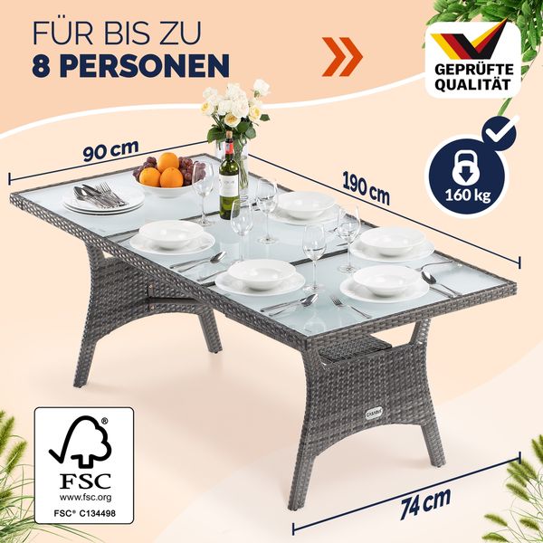 CASARIA® Polyrattan Gartentisch Glasplatte 190x90x74cm grau