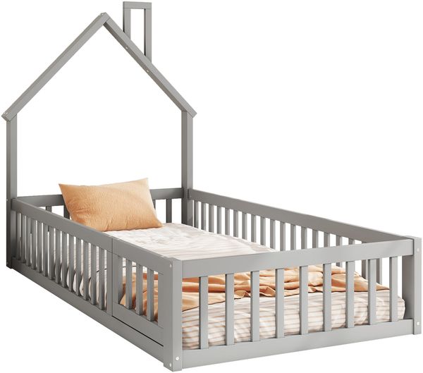 Haus-Kinderbett 90×200cm mit Schornstein-Kopfteildesign, umlaufendes Absturzsicherheitsgitter & Lattenrost, Kiefer + E1-MDF, Grau, ohne Matratze, Gesamt B205 × T95 × H138,7 cm