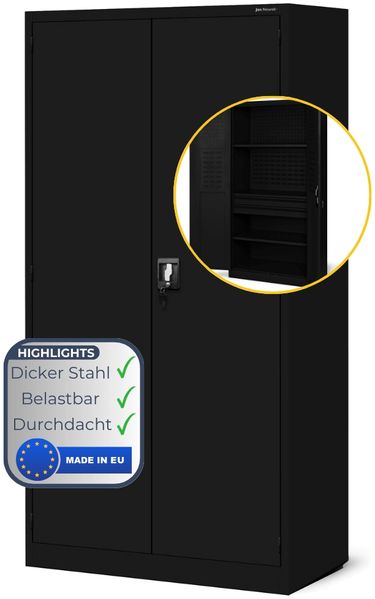 Werkzeugschrank mit Lochwand AESO - Mit Schubladen, Abschließbar | Metallschrank mit Werkzeugwand Werkstattschrank Perforierte Rückwand, 185x92x50cm Schwarz