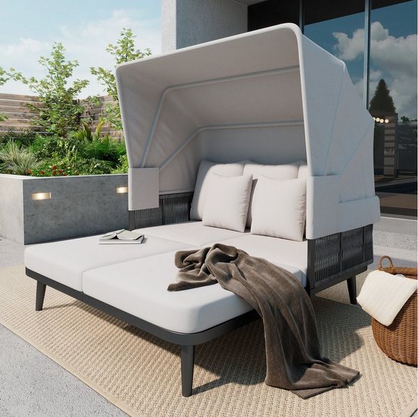 Merax Gartenliege aus verzinktem Stahl und handgeflochtenem Seil, Sonneninsel Sitzgruppe Gartenmöbel Gartenlounge-Set für 2-4 Personen, Doppelliege Schlafsofa Sonnenliege Set mit faltbarem Sonnenschutzdach