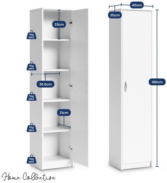 Schrank Mehrzweckschrank weiß 40cm Breite 180cm Höhe mit Vier Einlegeböden schmaler Aktenschrank Organizer Kleiderschrank aus MDF Holz