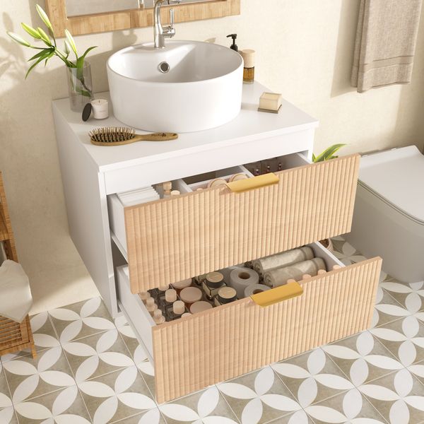 Flieks Waschtisch mit Aufsatzwaschbecken 60 x 45 x 60 cm, wandmontierter Badezimmerschrank mit rundem Keramikwaschbecken, 2 Schubladen, Holzoptik-Fronten