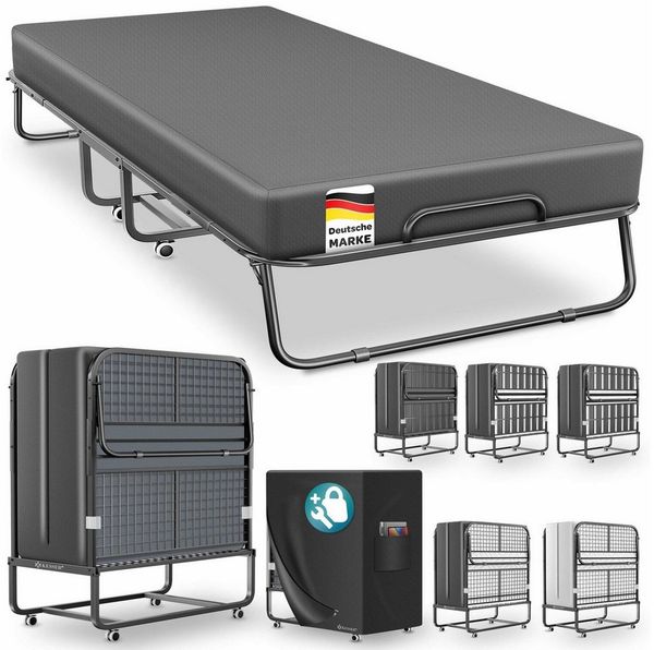 KESSER® Klappbett 200x90cm Gästebett inkl. Matratze aus Memory-Schaum & Rollen | faltbares Reisebett mit Metallrahmen für Erwachsene belastbar bis 250kg | Metallbett mit Schaumstoffmatratze & Cover Anthrazit / Weiß, Premium Komfort