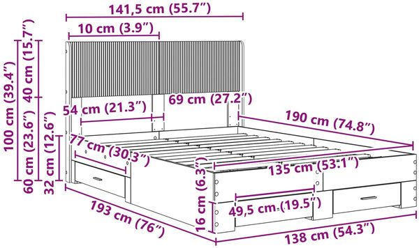 vidaXL Bettgestell mit Stauraum und Kopfteil Schwarz 135 x 190 cm 3414476 Bild 11