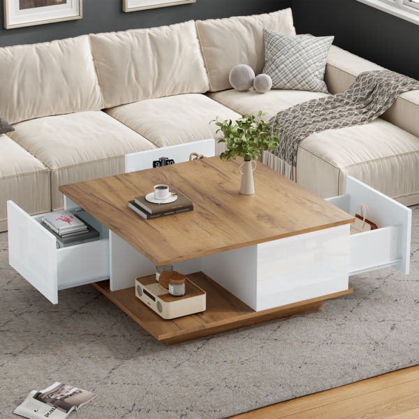 Merax Couchtisch mit 3 Schubladen, geometrischer Kaffeetish, hochglänzende Wohnzimmertisch, Sofatisch, Beistelltisch, Weiß + holzfarbe