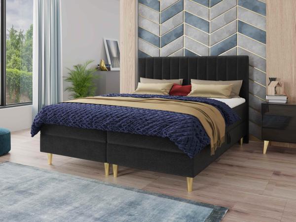Boxspringbett Gold mit 2 Bettkästen und Topper - Doppelbett, Bonell-Matratze, Polsterbett, Bett mit Matratzentopper, Schlafzimmer, Velours Stoff (Schwarz (Manila 18), 180 x 200 cm)