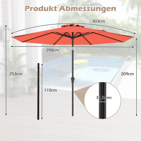 Ø303 cm Terrassenschirm mit Kurbel Beidseitig um 25° Knickbarer Gartenschirm Terrassenschirm Orange