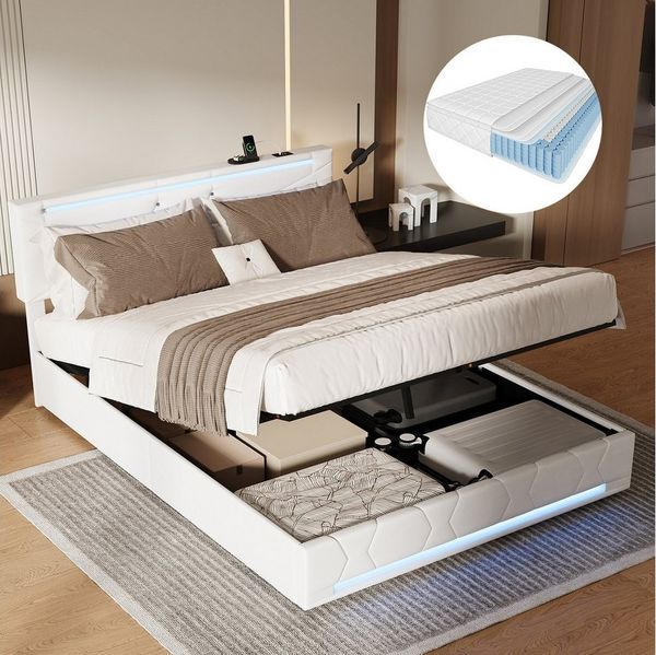 ADWOLT Polsterbett Hydraulisches Doppelbett mit LED Beleuchtung und Ladefunktion (Set, 1-tlg, mit Matratze), 160x200 cm Jugendbett Stauraumbett,Leinen Beige
