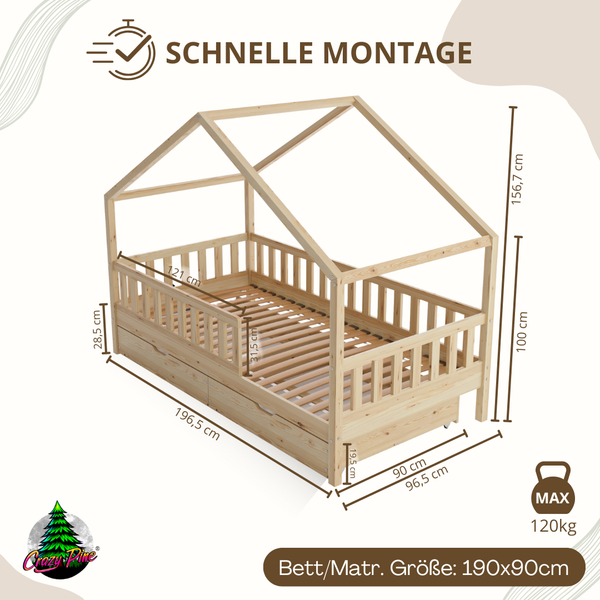 Crazy Pine 'Crazy House' Hausbett mit abnehmbaren Rausfallschutz, Naturholz, Natur, 90x190 cm, mit Schubladen Bild 2