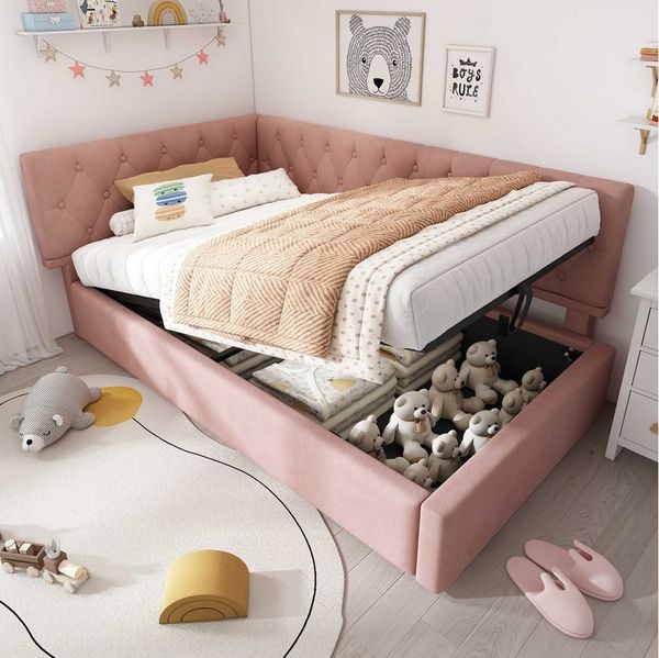 BlingBin Einzelbett Polsterbett Tagesbett Daybett Kinderbett Jugendbett (1-tlg, Schlafsofa mit hydraulischem Stauraum 90x200 cm), mit Lattenrost aus Holz, Samt, Rosa