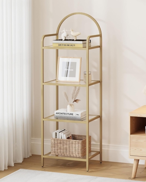 Regal, Bücherregal aus gehärtetem Glas, schlankes Regal für Schlafzimmer, Badezimmer, Heimbüro, Stahlrahmen, 4 Ablagen Gold
