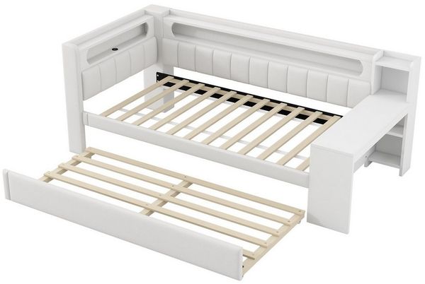 BlingBin Kinderbett Daybett mit Schreibtisch, Funktionsbett (Sofabett Schlafsofa Jugendbett Einzelbett, 1-tlg, Tagesbett 90x200cm), mit USB-Anschlüssen und LED-Gürtel, mit Ausziehbett und Schreibtisch