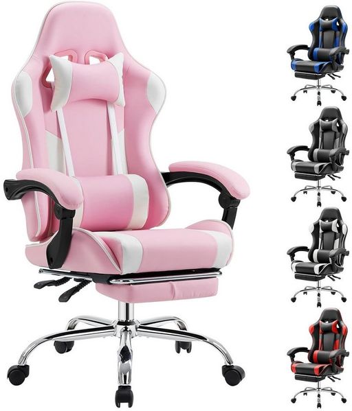 Refined Living Gaming-Stuhl Ergonomie Gaming chair mit Fußstütze, Kopfstütze Massage-Lendenkissen (Verstellbare Neigung auf der Rückseite Höhenverstellbar Computerstuhl), Gepolstert Bürostuhl Drehstuhl 360° für Erwachsene Mädchen Junge