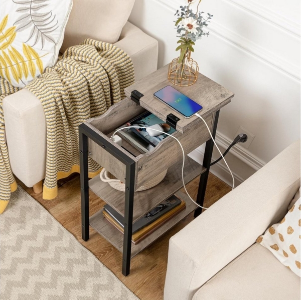 Hoobro Beistelltisch Sofatisch mit Ladestation und Ablagefläche, Schmal für kleine Räume Bild 3