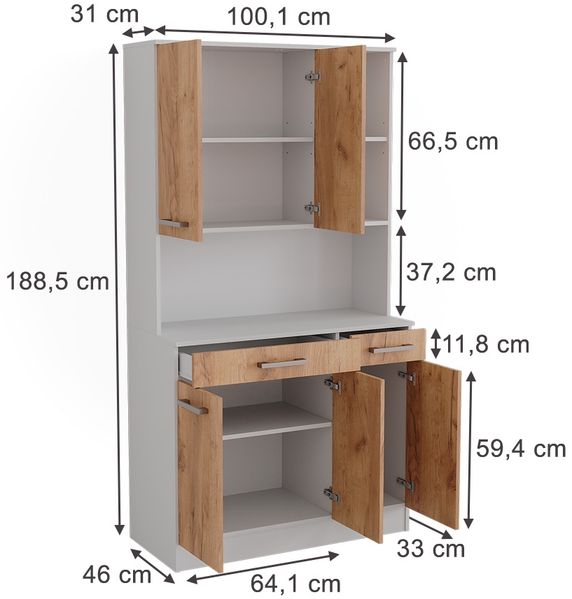 Küchenbuffet Raul Weiß/Goldkraft Eiche 100.1 x 188.5 cm mit 5 Türen & 2 Schubladen Vicco Bild 2