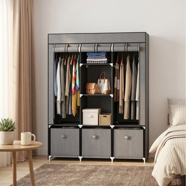 HOMCOM Stoffschrank Kleiderschrank mit Kleiderstangen und Schubladen (Faltbare Garderobe, 1-St, Faltschrank) Dunkelgrau, 125 x 43 x 162,5 cm