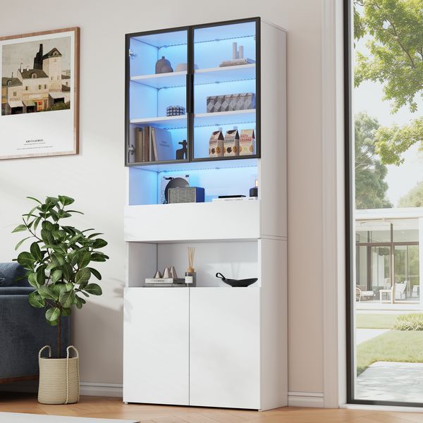 LED-Weinschrank Vitrine mit Glastüren und Aluminiumrahmen, Weiß mit 2 offenen Ablageflächen, 1 Schublade, 2 Schränken