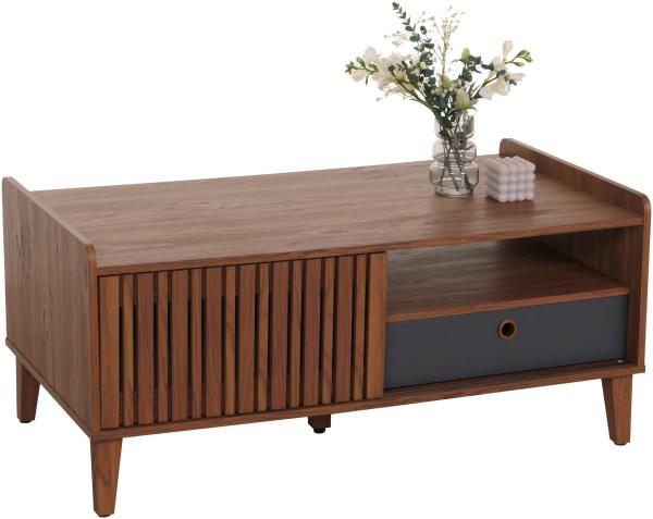 Couchtisch HWC-M48, Wohnzimmertisch Tisch Sofatisch, Mango-Massivholz 52x114x59cm ~ Walnuss-Optik, Schublade dunkelgrau