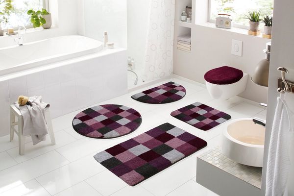 Grund Badematte Mosaik, Badvorleger, Badezimmer Teppich, sehr weich, Höhe 20 mm, rutschhemmend beschichtet, fußbodenheizungsgeeignet, Kunstfaser, rechteckig, 3-tlg. Stand-WC Set, angenehm weich, auch als 3 teiliges Set erhältlich, Made in Europe