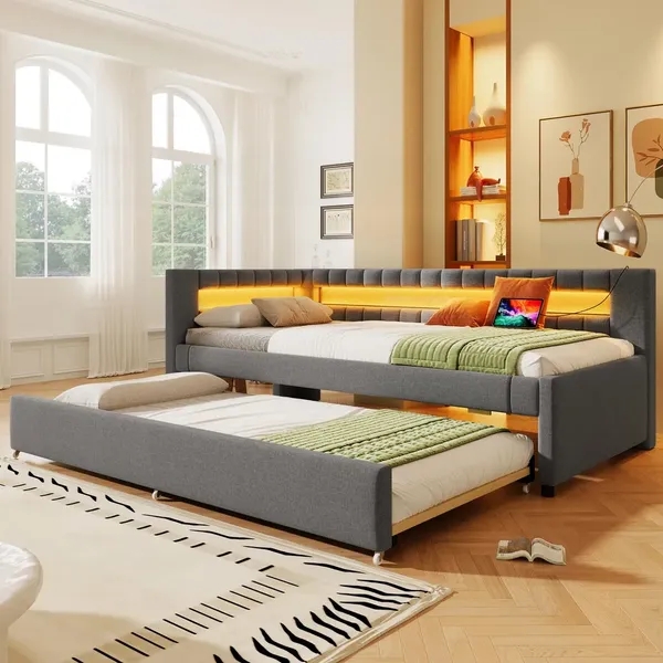Polsterbett mit Lattenrost, Gästebett, USB und Type-C Anschlüssen, 90x200cm, Schlafsofa, Einzelbett, Leinen