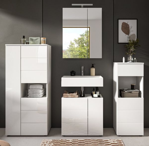 Inn. Furn Badmöbel-Set Larik, (Badezimmer in weiß Hochglanz, 4-teilig, 188 x 190 cm), viel Stauraum, 17 Fächer