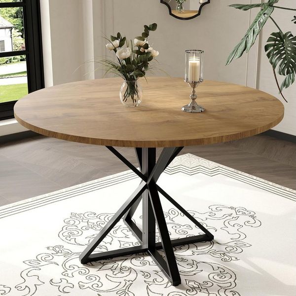 GarveeMore Esstisch runder aus Holz,robuster Metallsockel für 4 Personen, Küchentische mit rundem Sockel für Esszimmer,Küche,Wohnzimmer