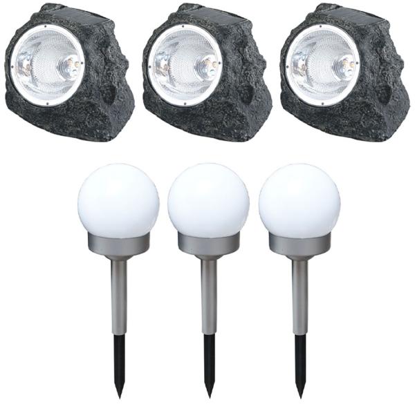 6er Set LED Solarleuchte, Stein, Kugel, weiß, grau