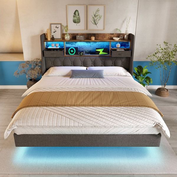 Flieks Polsterbett, Schwebebett 140x200cm mit LED-Beleuchtung, Aufladen, Stauraum-Kopfteil