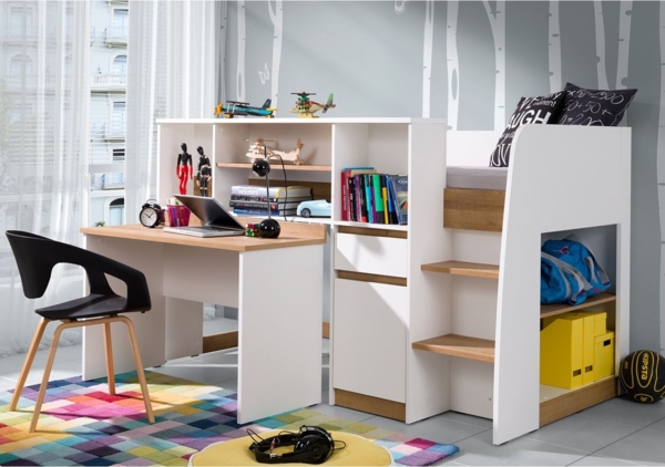 Marmex Möbel SINCO Mezzaninbett, Bett mit Schreibtisch, Hochbett für Kinderzimmer, Jugendzimmer, Kinderbett, Jugendbett, Funktionskinderbett, Lattenrost, laminierte Spanplatte, weiß + riviera Eiche, 205x128x117,5 cm