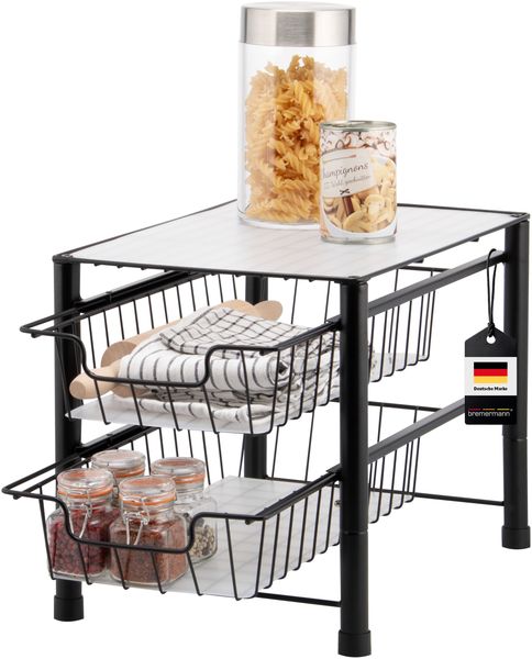 Schubladenregal 2 Auszüge, Küchenregal mit Auszug, Etagenregal, schwarz