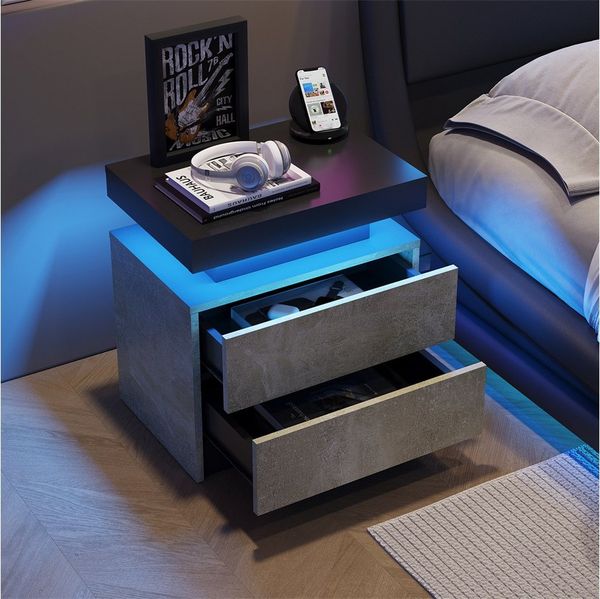 Sweiko Nachttisch Nachtkommode Sofatisch mit LED-Beleuchtung (Nachttische mit 2 Schubladen,Couchtisch,Lichter Modernes Ende Seite, für Schlafzimmer, Esszimmer, Büro, Spielzimmer), Grau+Schwarz,49*35*52(L*W*H)cm