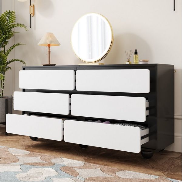 MODFU Sideboard Aufbewahrungskommode mit 6 geräumigen Schubladen (140 L x 38 W x 74,5 H (inch), 1 St, Schwarz-Weiß-Design), mit abgerundeten Metallfüßen