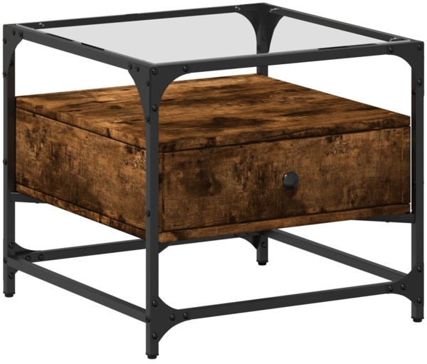 vidaXL Couchtisch mit Glasplatte Räuchereiche 50x50x45 cm Stahl 846051