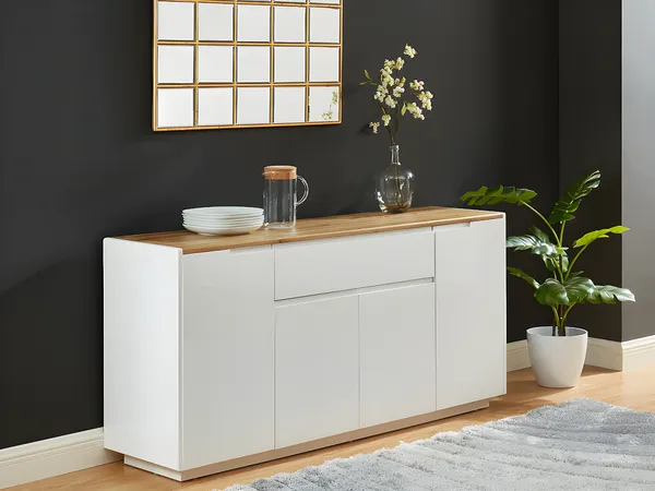 Vente-unique - Sideboard mit 4 Türen & 1 Schublade - MDF lackiert - Weiß & Eichefarben - AMANI