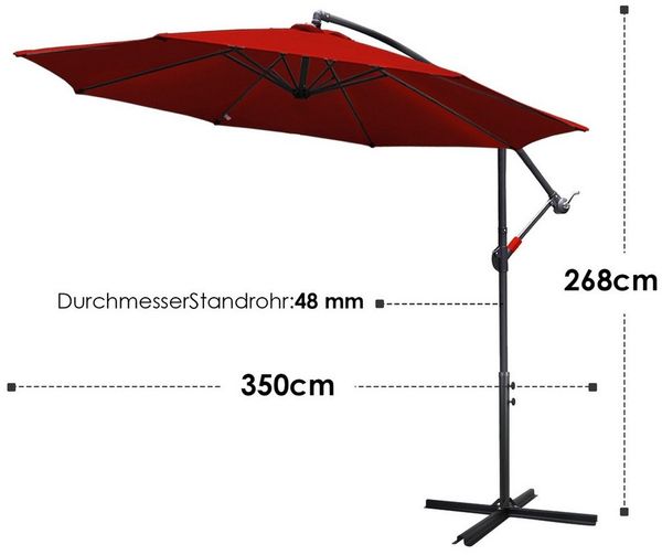 Clanmacy Sonnenschirm Sonnenschirm 350 cm Kurbel Ampelschirm mit Windsicherung Rot