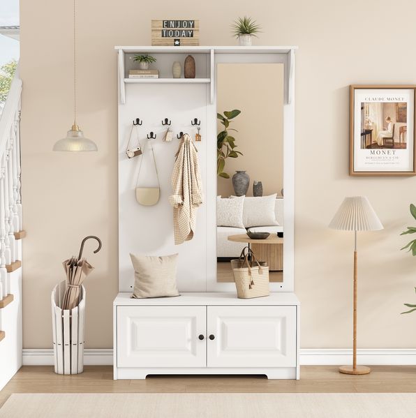 Garderobe Weiß, 100x40x180 cm, mit Spiegel, 5 Haken, 2 Schränken & Sitzbank