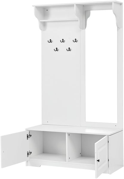 Garderobe Weiß, 100x40x180 cm, mit Spiegel, 5 Haken, 2 Schränken & Sitzbank Bild 9