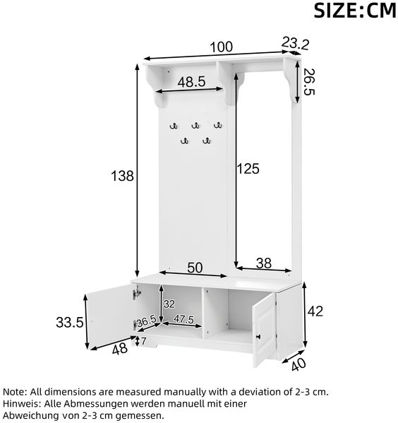 Garderobe Weiß, 100x40x180 cm, mit Spiegel, 5 Haken, 2 Schränken & Sitzbank Bild 10