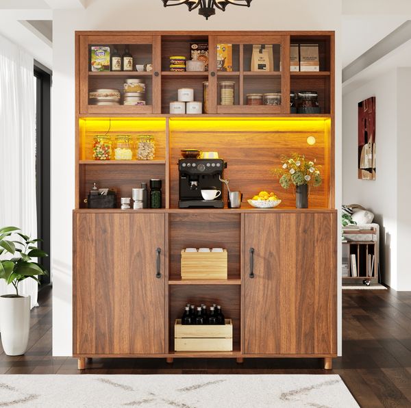 Anrichte hoher Schrank mit App-LED, Snackablage & Schiebetüren in Walnuss, 120x40x185 cm