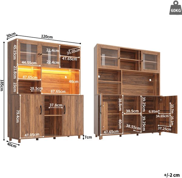 Anrichte hoher Schrank mit App-LED, Snackablage & Schiebetüren in Walnuss, 120x40x185 cm Bild 10